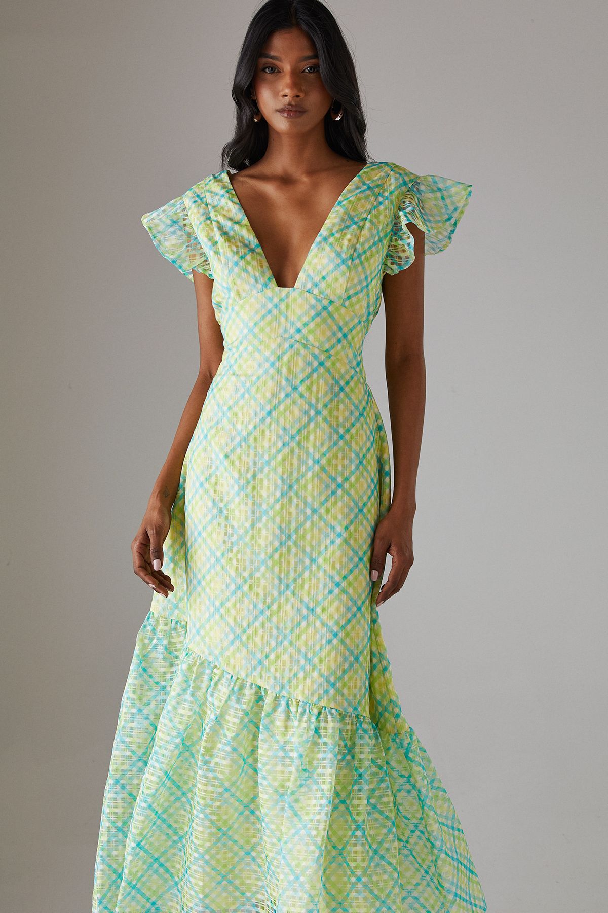 Warehouse Check Organza Plunge Neck Frill Shoulder Midi Dress Multi image 4