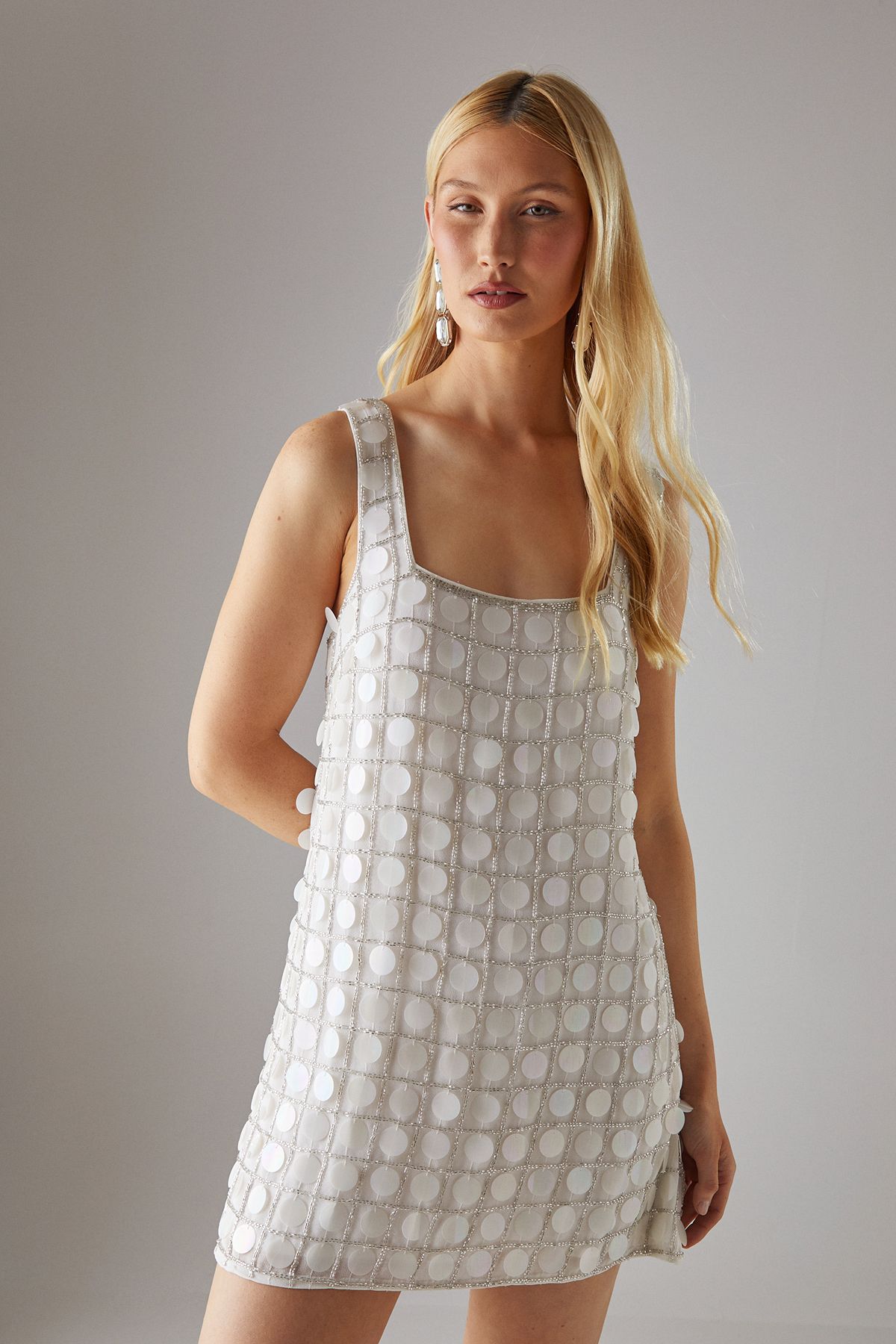 Warehouse Hen Premium Hand Embellished Sequin Mini Dress Ivory image 1