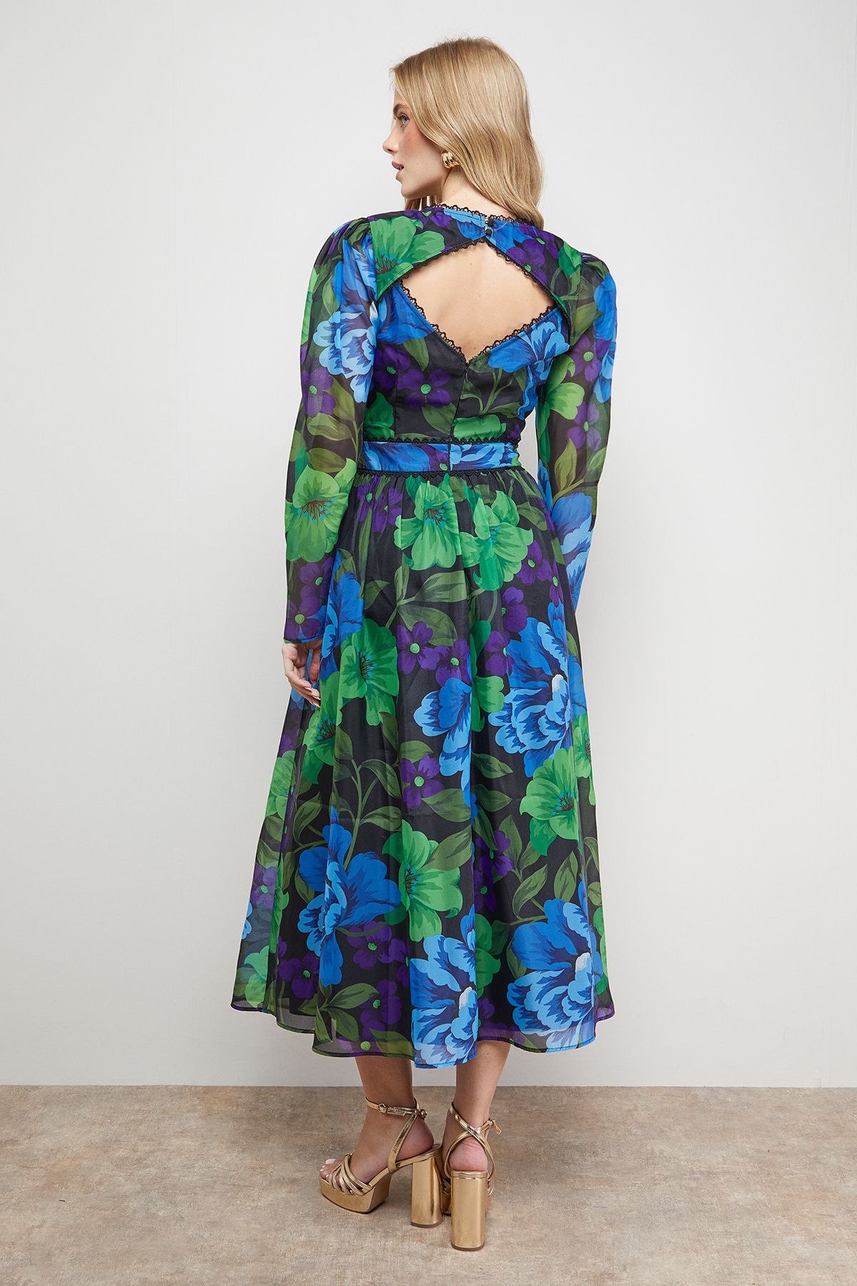 Oasis V Neck Open Back Long Sleeve Midi Dress Multi image 3