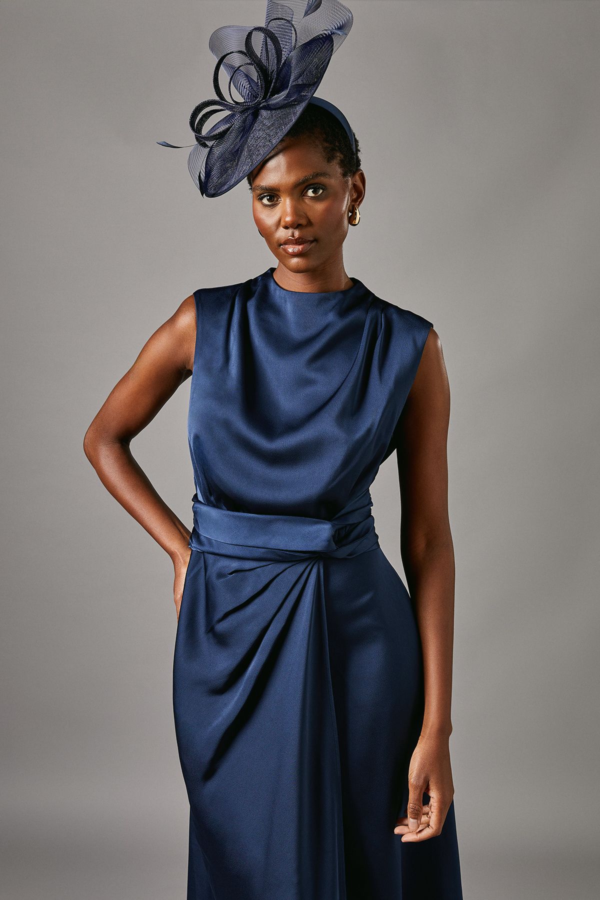 Coast Satin Midi Dress With Twist Waist Navy image 2