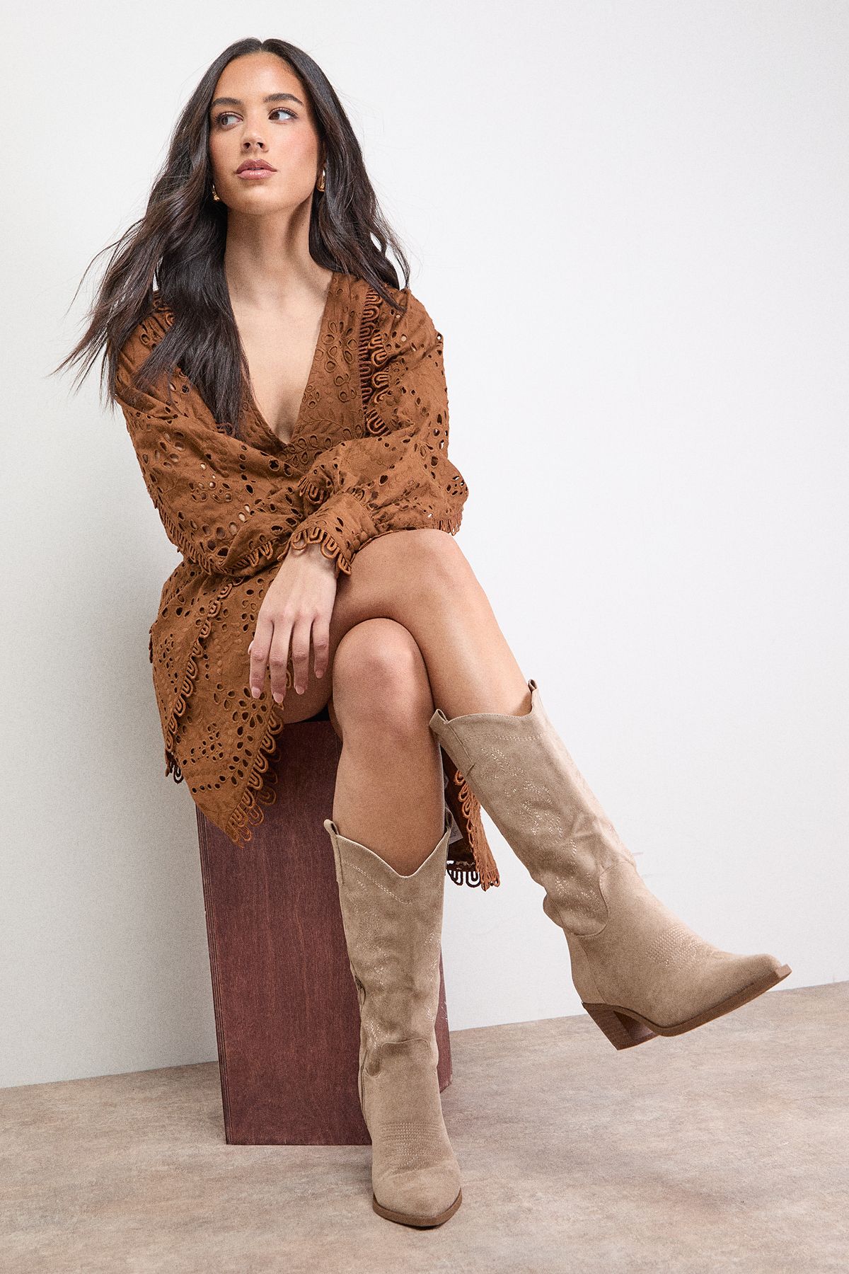 Oasis Elaina Faux Leather Western Cowboy Calf Boots Taupe image 2