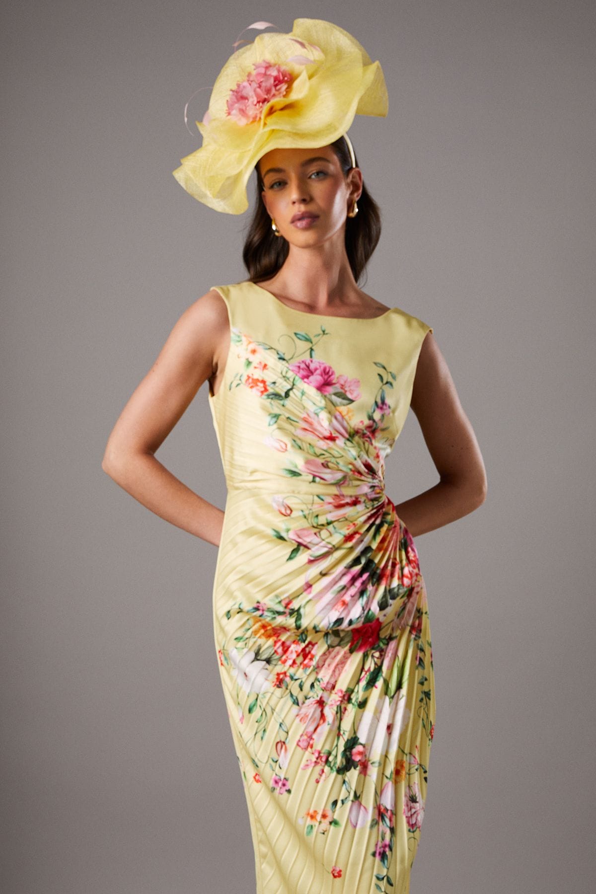 Coast Lisa Tan Pleated Floral Midi Dress With Pleat Detail Yellow image 2
