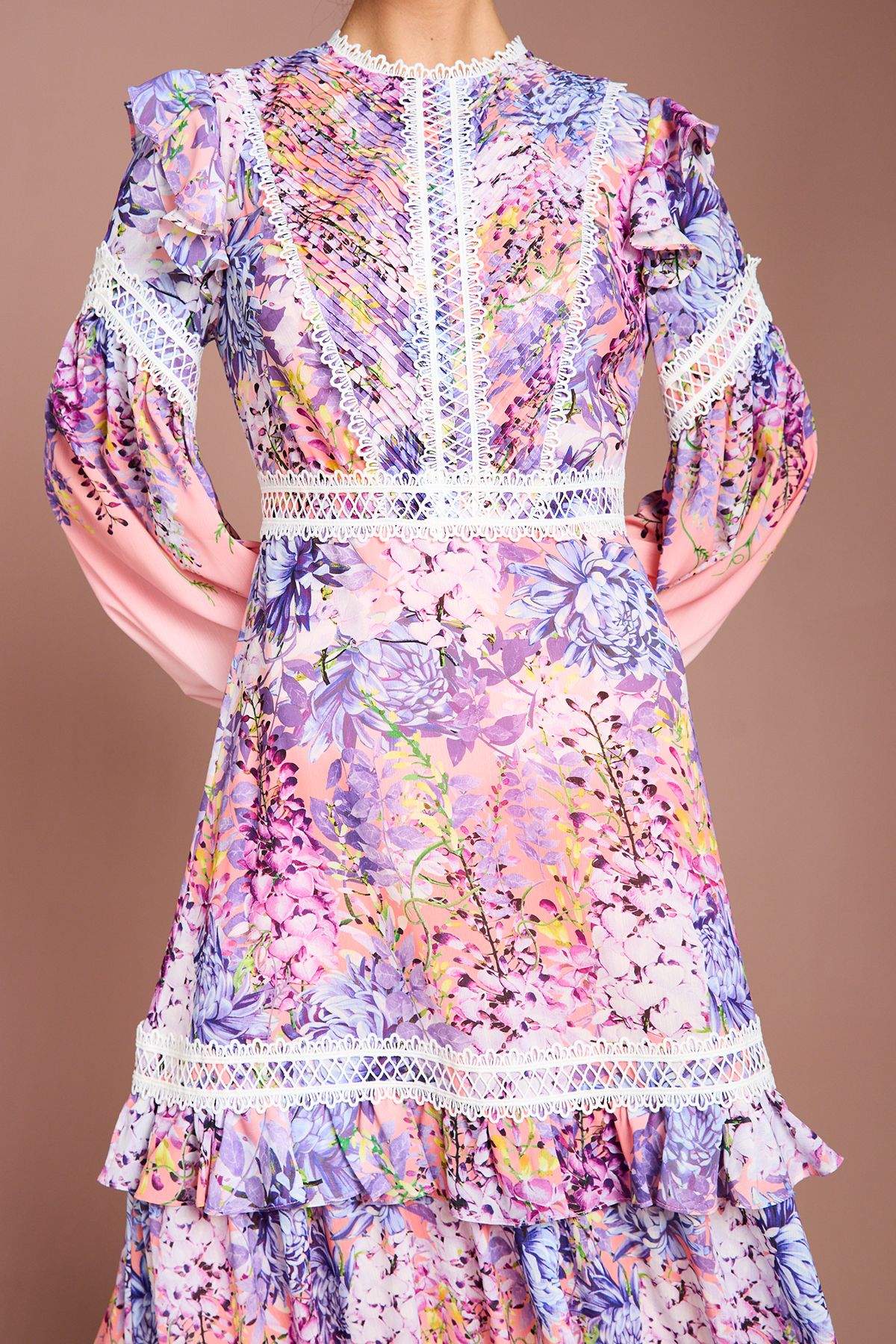 Coast Placement Print Lace Frill Detail Maxi Dress Pink image 4