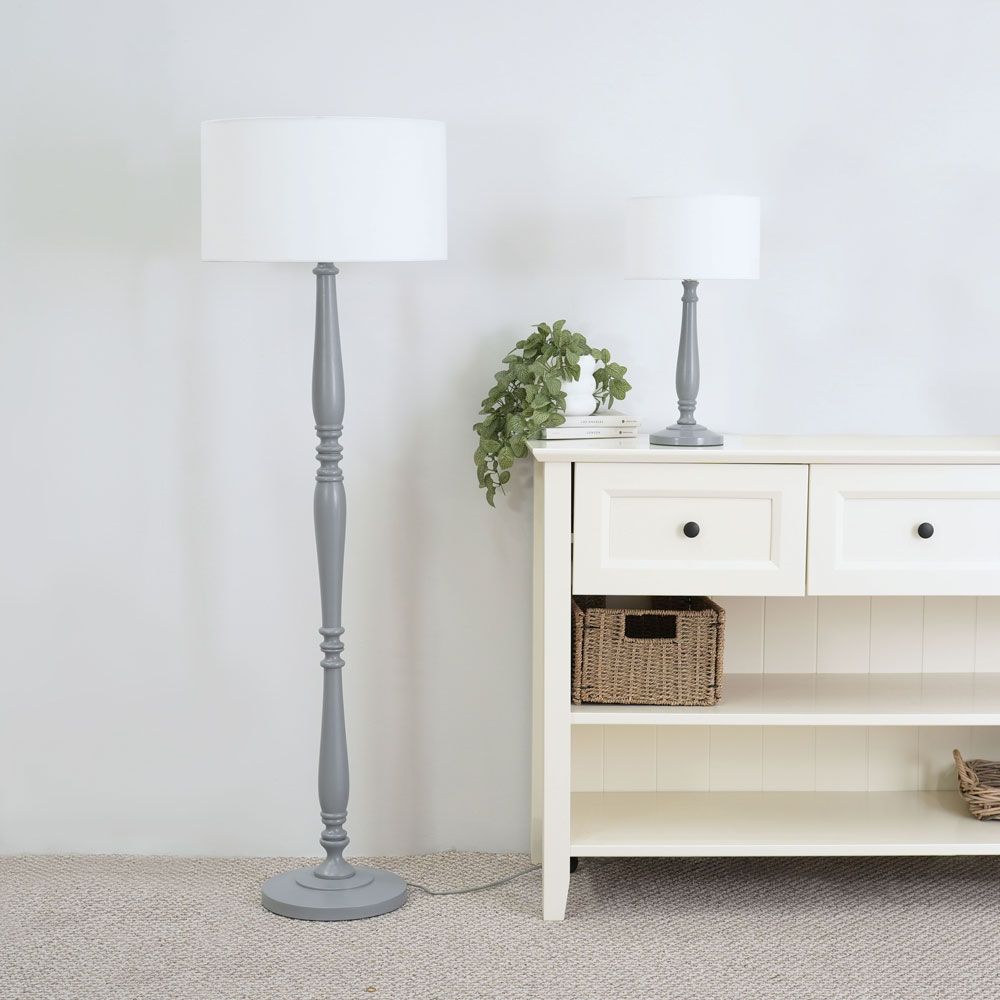 ValueLights Victoria Grey Wood Traditional Table Lamp with Fabric Drum Shade image 4