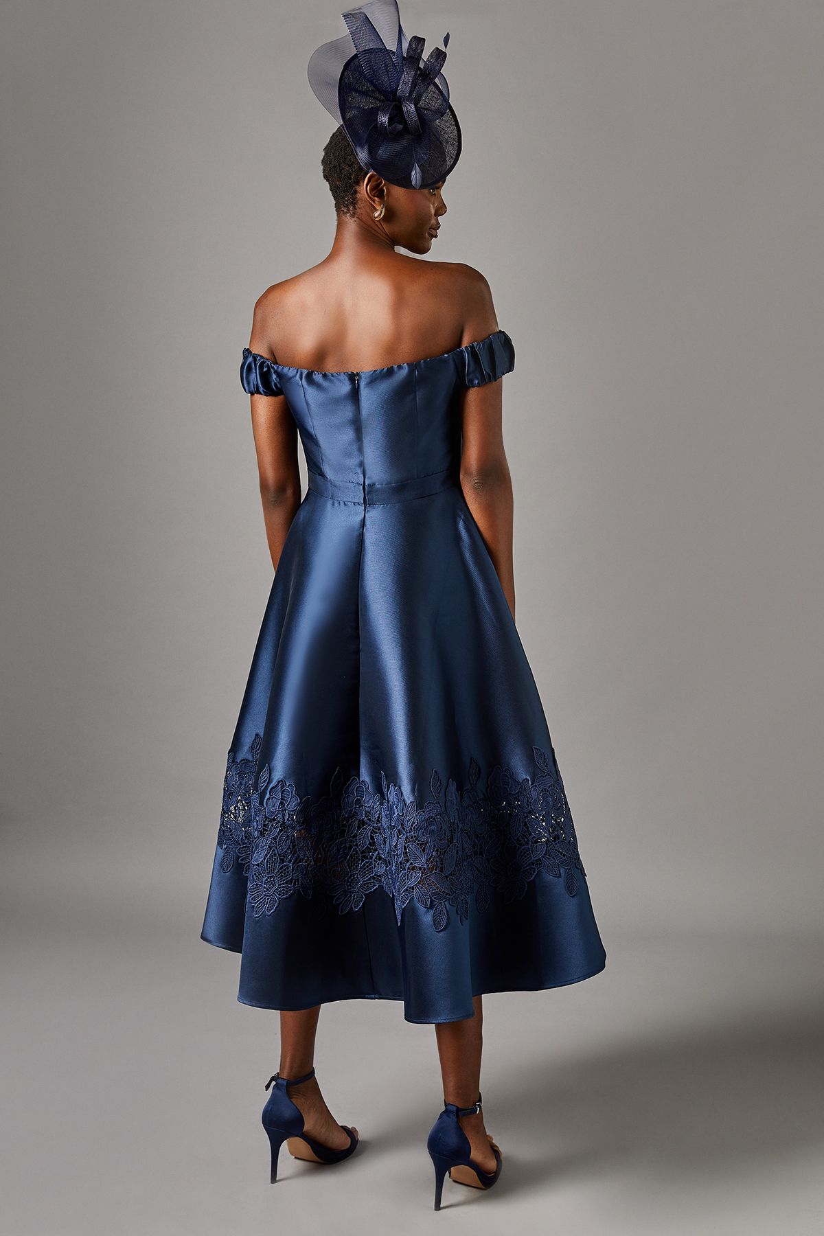 Coast Bardot Twill Midi Dress With Lace Trim Navy image 3