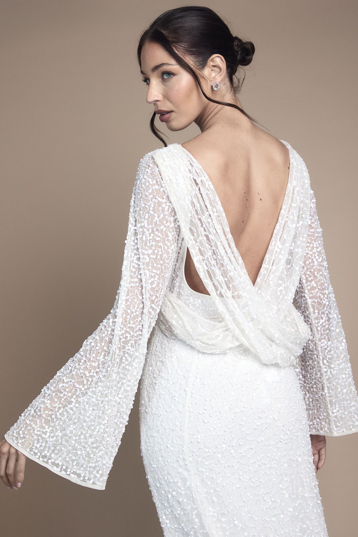 Coast Long Sleeve Flare Sleeve Cowl Back Sequin Wedding Dress Ivory image 4