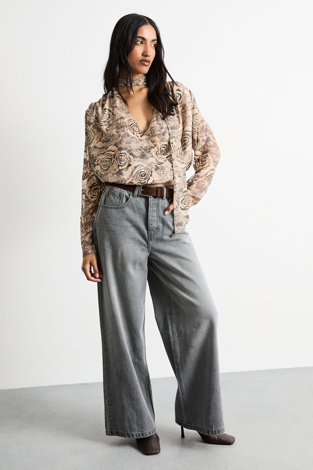 Warehouse Burnout Chiffon Printed Extreme Shoulder Blouse Brown image 2