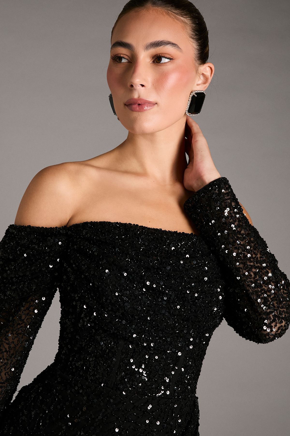 Coast Sequin Party Bardot Long Sleeve Wrap Skirt Mini Dress Black image 4