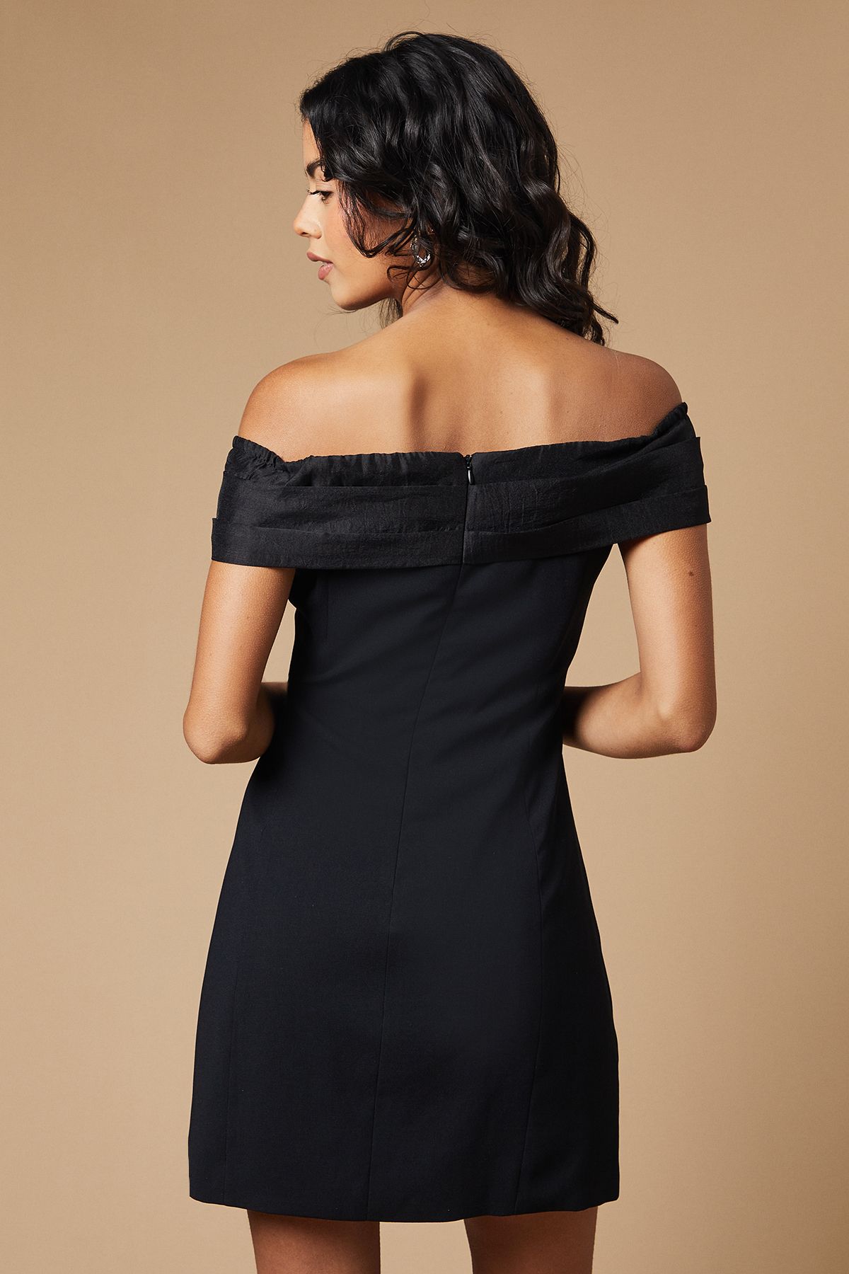 Oasis Petite Occasion Organza Bardot Bow Mini Dress Black image 3