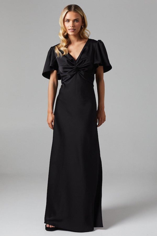 Oasis Petite Twist Front Angel Sleeve Maxi Bridesmaids Dress Black