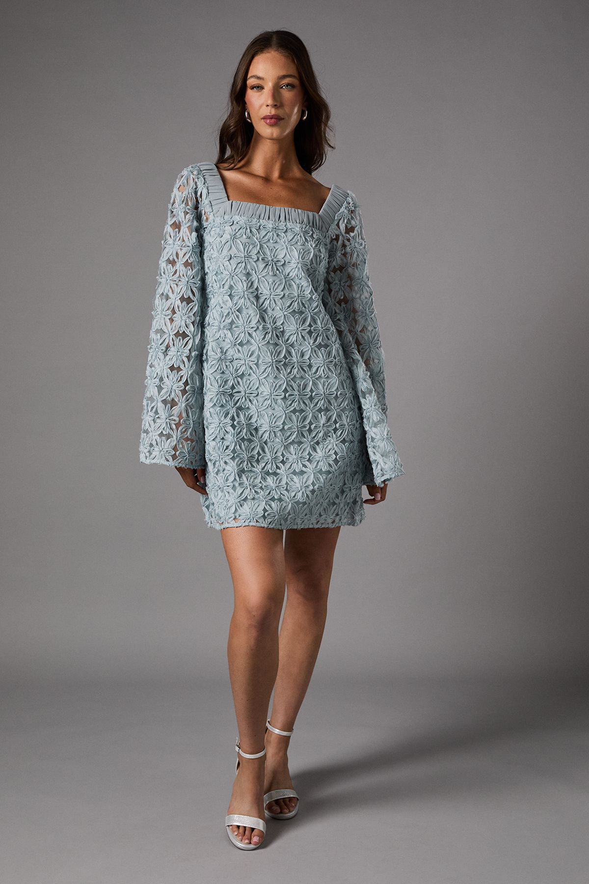 Coast Long Sleeve Square Neck Embroidered Mini Dress Blue image 2