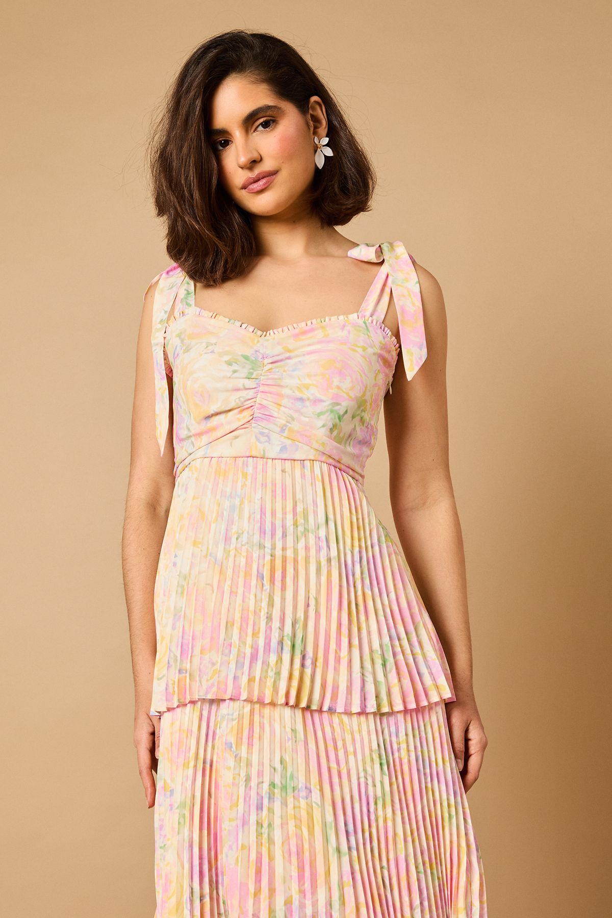 Oasis Ditsy Floral Pleated Tie Shoulder Midi Dress Multi image 2