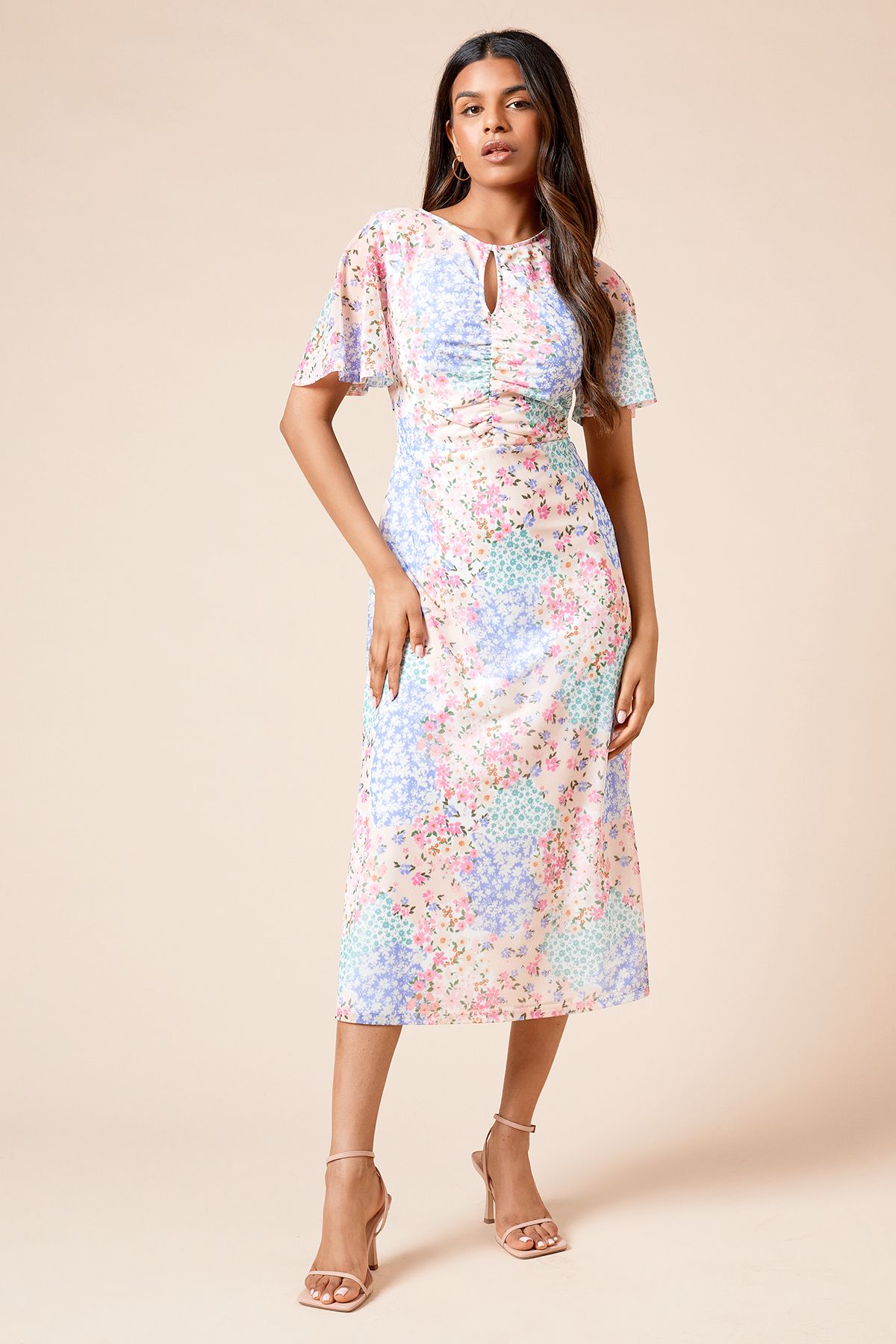 Dorothy Perkins Petite Floral Angel Sleeve Keyhole Mesh Jersey Midi Dress Floral image 2