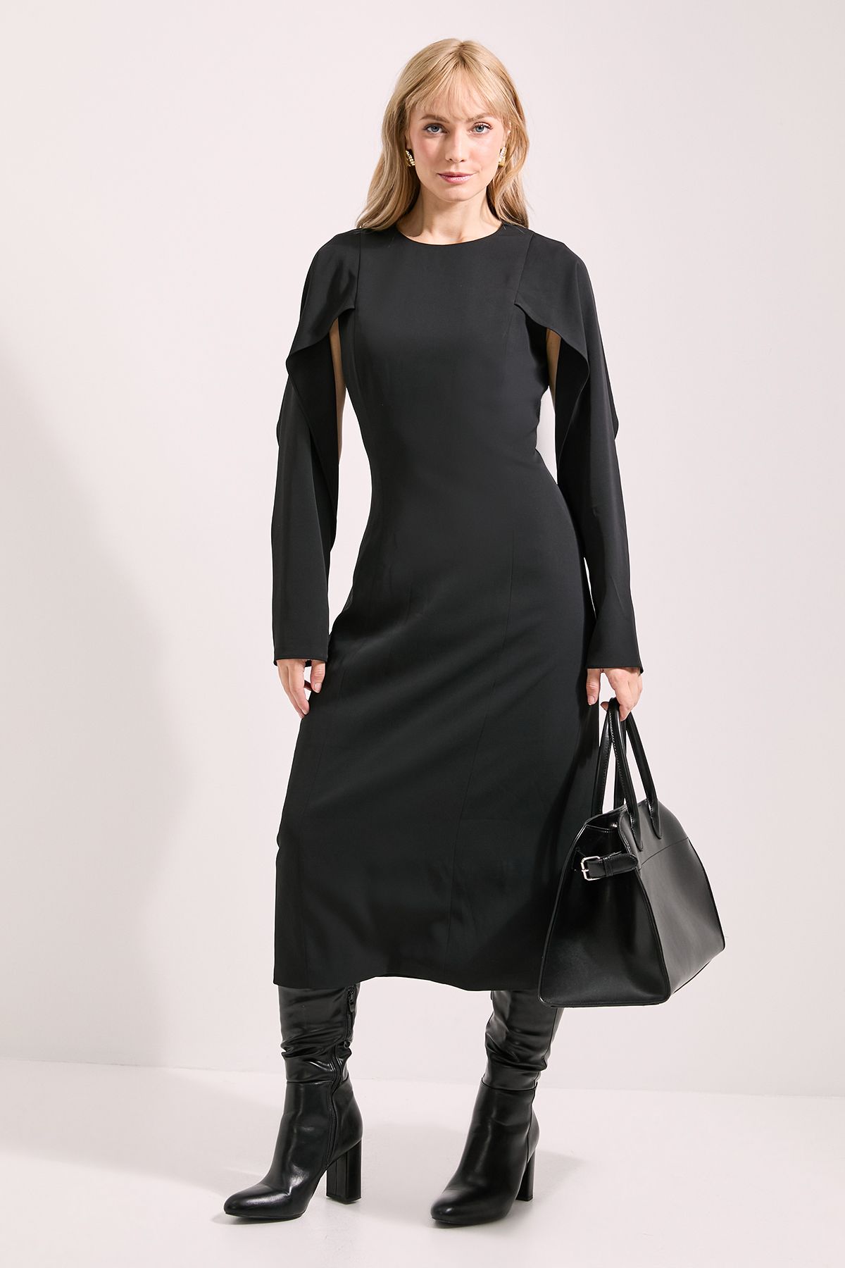 Principles Tailored Crepe Ruffle Sleeve Midi Dress Black