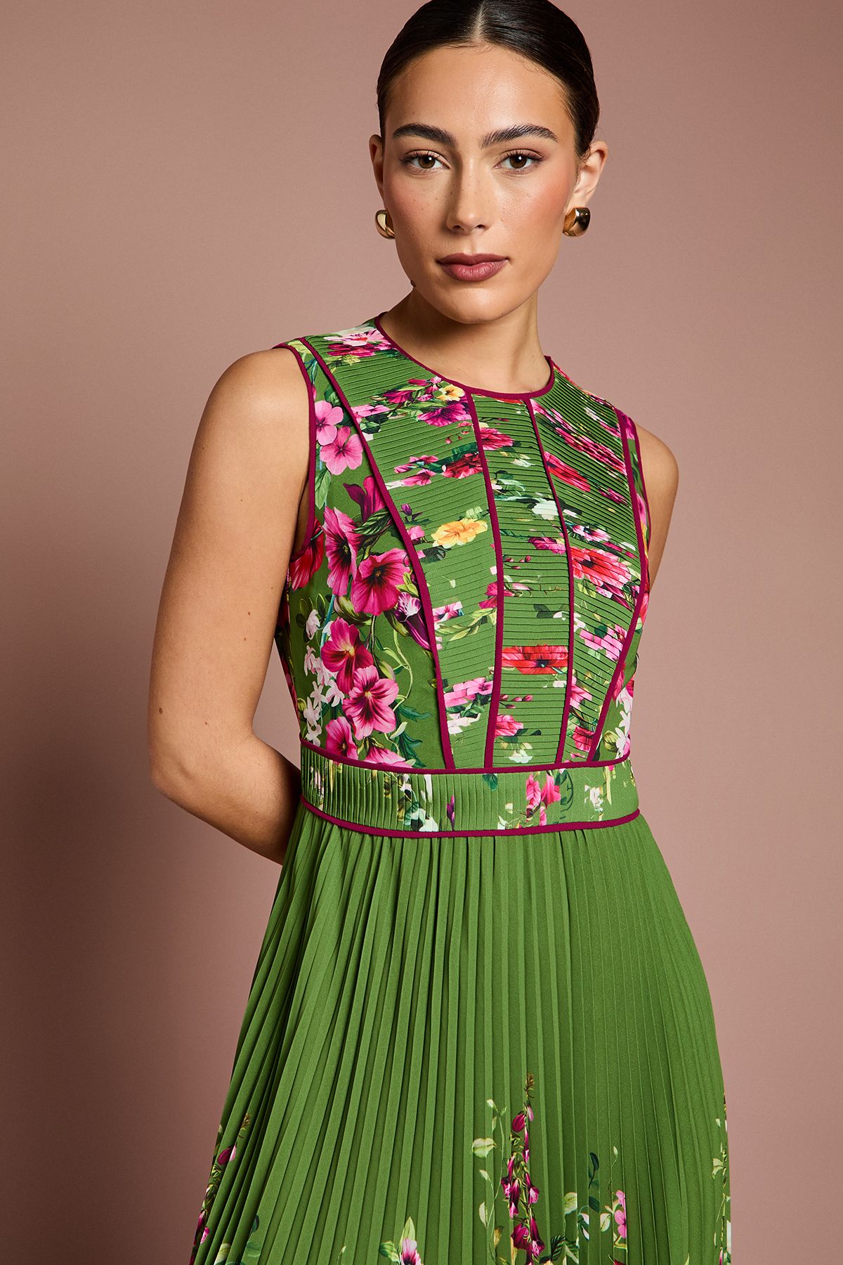 Coast Lisa Tan Pleated Piped Bodice Printed Midi Dress Green image 2