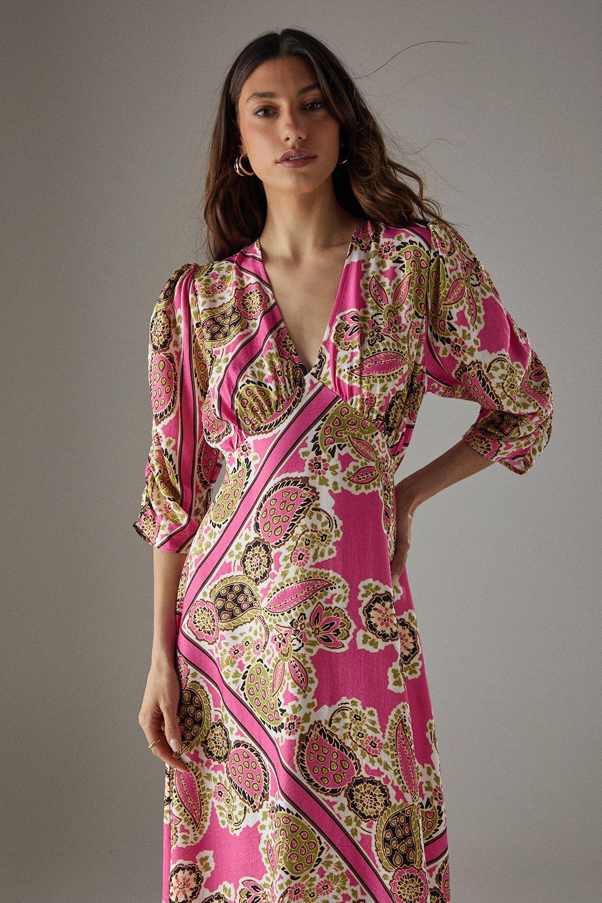Warehouse Viscose Paisley V Neck Puff Sleeve Midi Dress Multi image 2