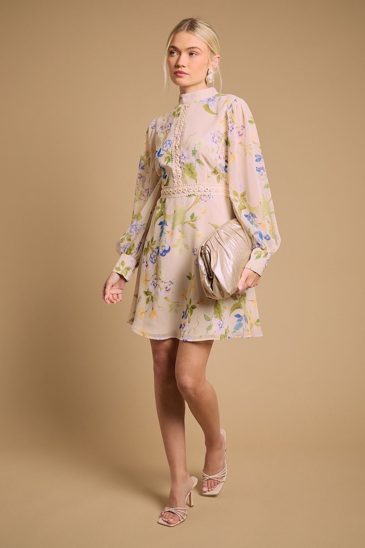 Oasis Print Collar Mini Fit and Flare Dress Cream image 2