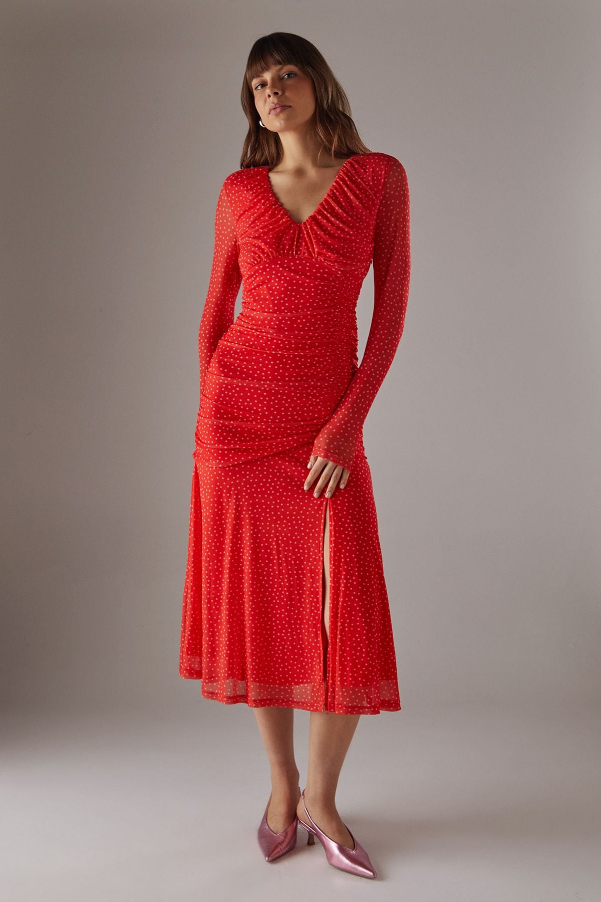 Warehouse Spot Mesh Gathered Front Plunge Neck Midi Dress Red