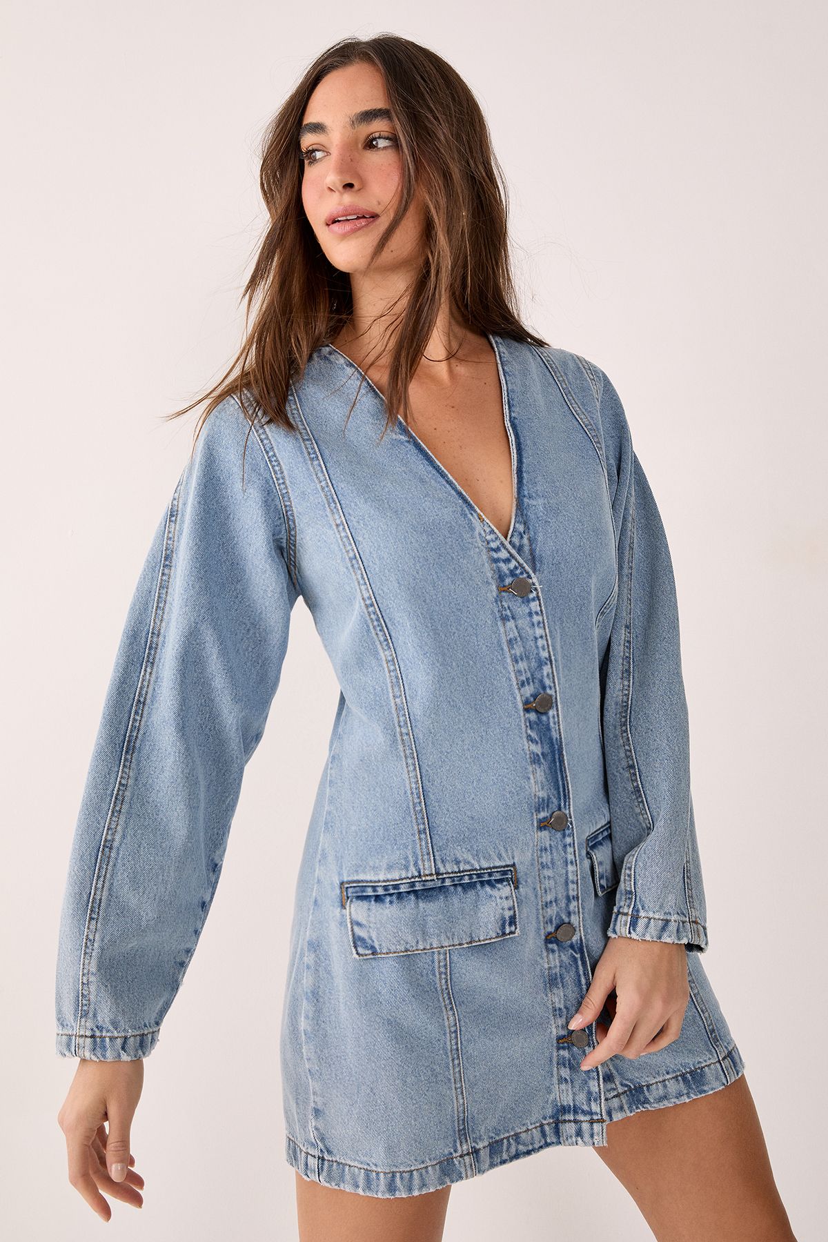 NastyGal Denim Button Through Cocoon Sleeve Mini Dress Vintage Blue image 1