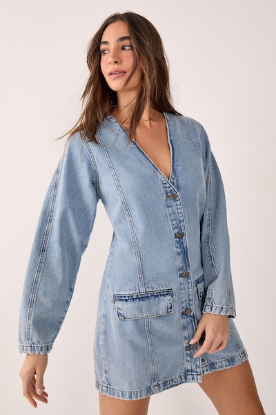 NastyGal Denim Button Through Cocoon Sleeve Mini Dress Vintage Blue
