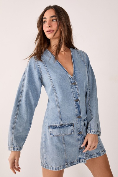 NastyGal Denim Button Through Cocoon Sleeve Mini Dress Vintage Blue