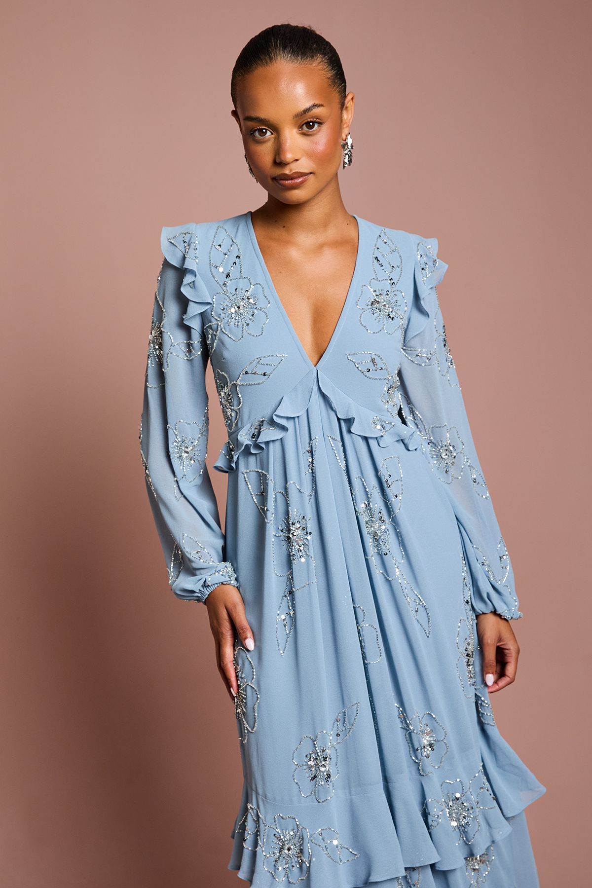 Coast Petite V Neck Long Sleeve Embellished Flower Tiered Georgette Midi Dress Dusty Blue image 4