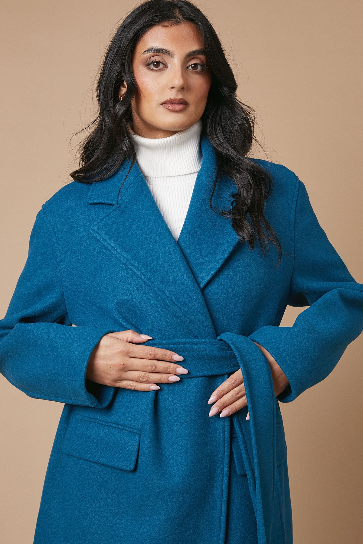 Oasis Button Detail Maxi Belted Wrap Coat Teal image 3