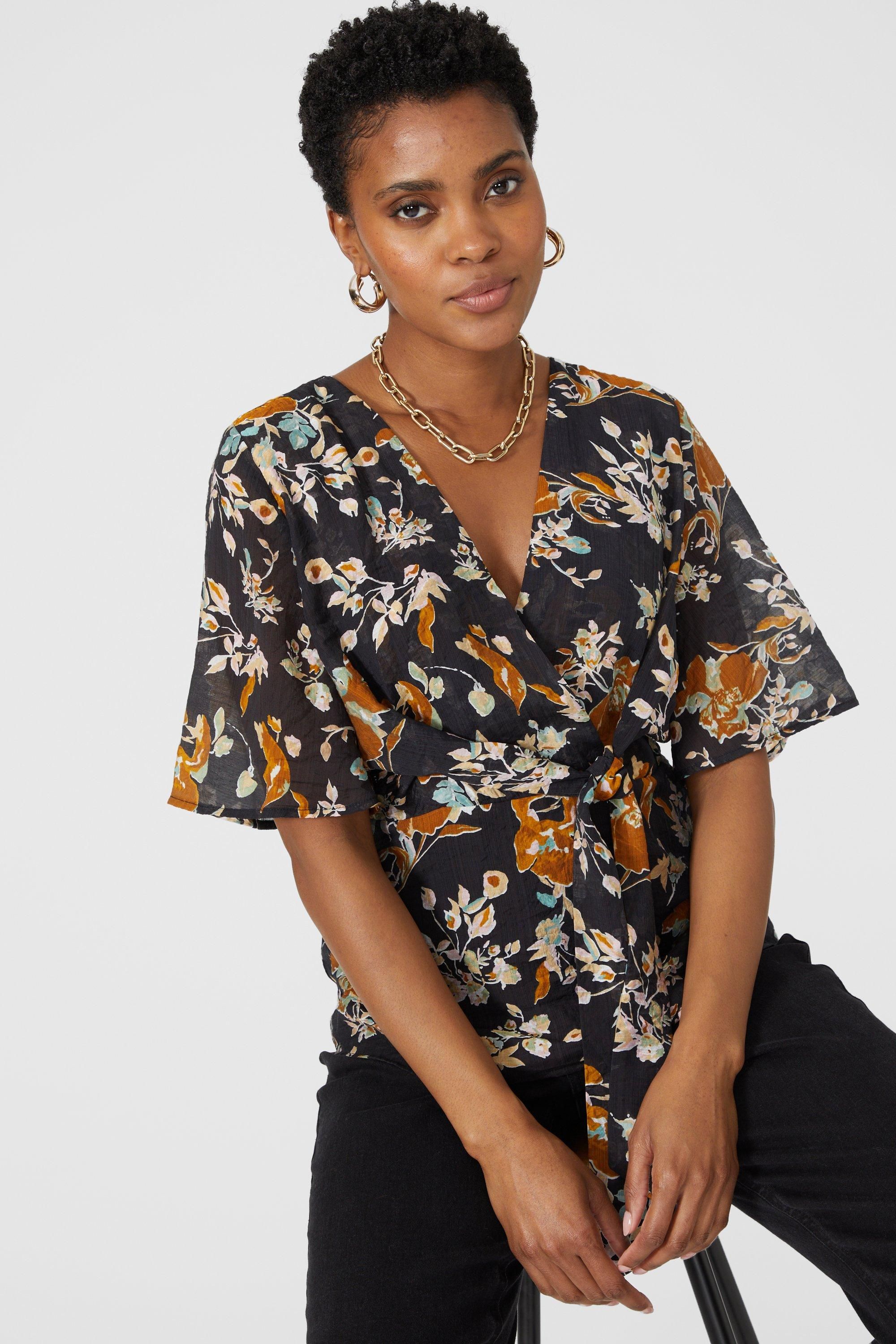 Principles Petite Floral Printed Tie Front Blouse Black image 5