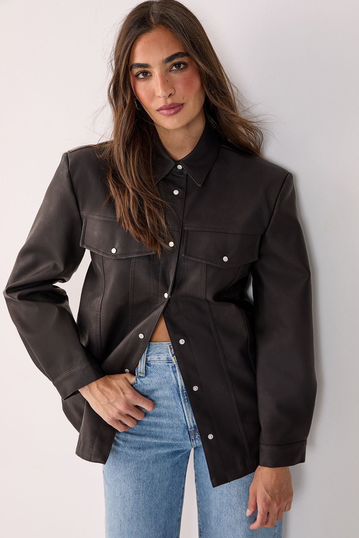 NastyGal Western Faux Leather Shoulder Pad Shirt Chocolate image 1