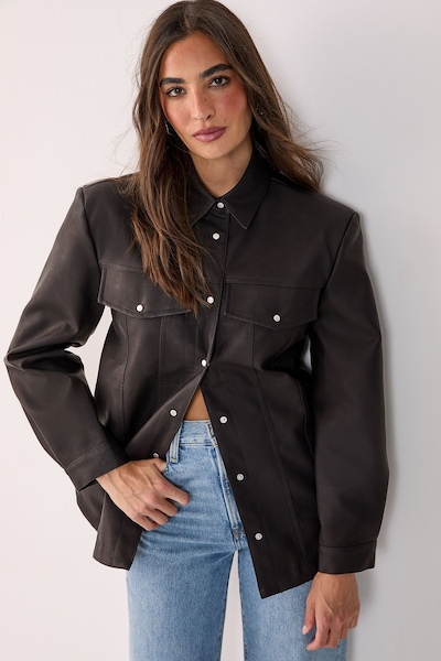 NastyGal Western Faux Leather Shoulder Pad Shirt Chocolate
