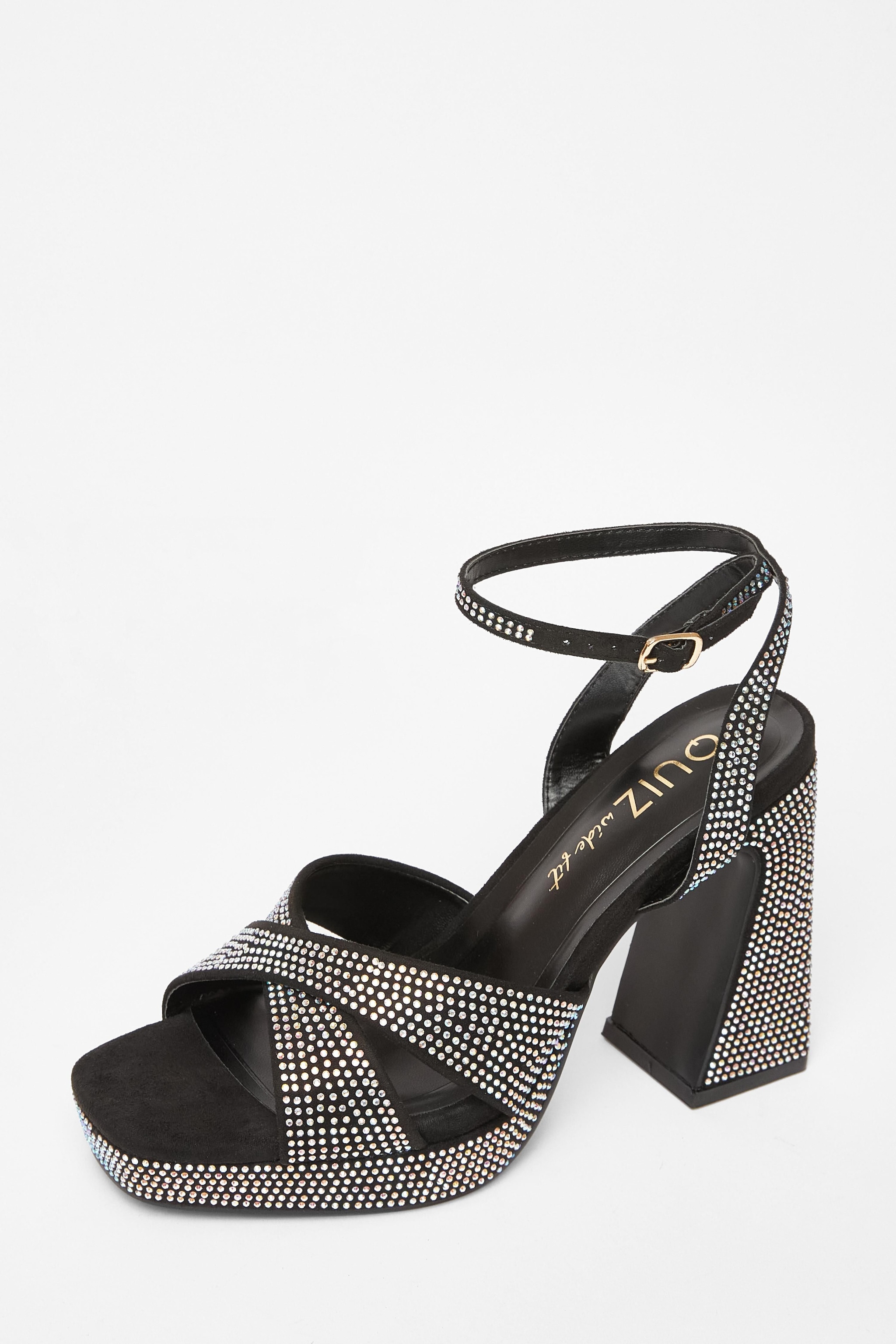 Quiz Black Wide Fit Diamante Platform Heels image 1