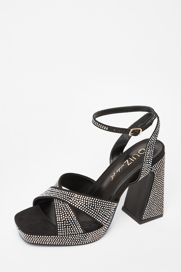Quiz Black Wide Fit Diamante Platform Heels