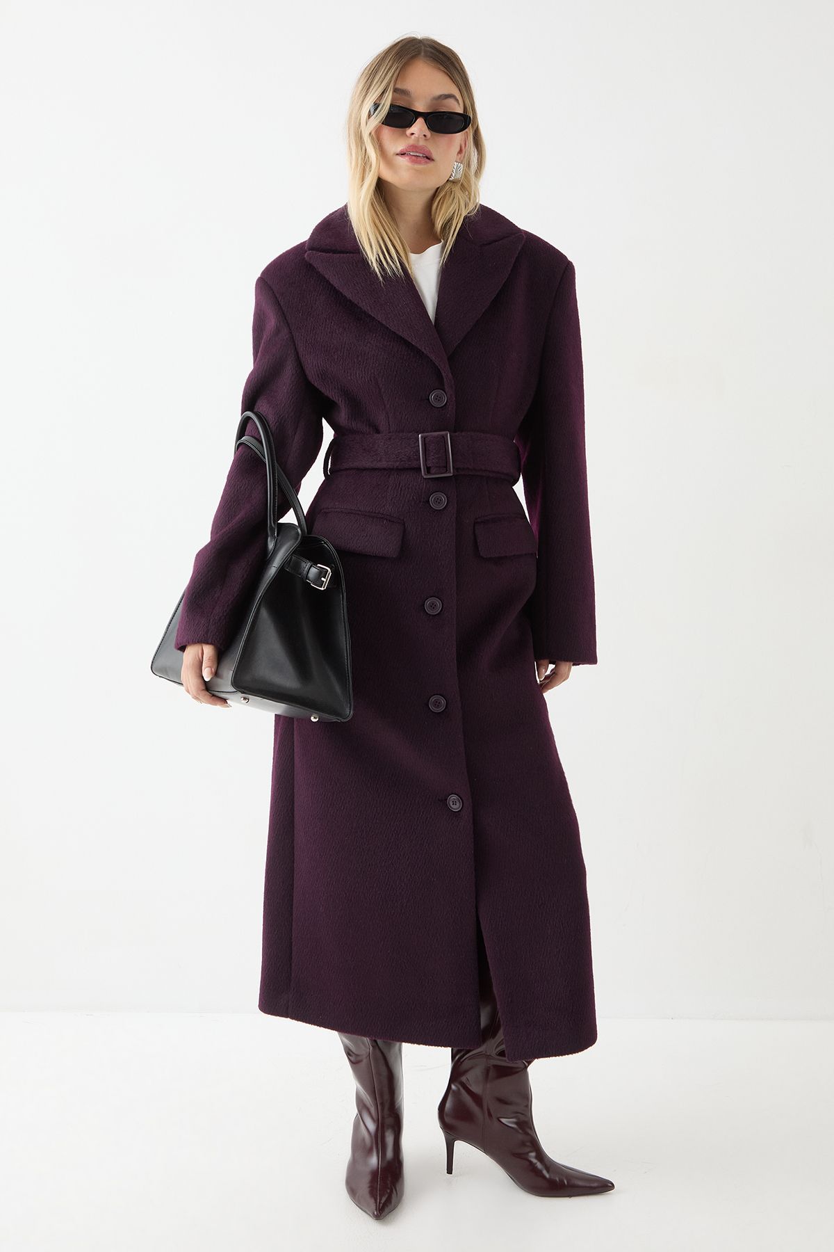 MissPap Brushed Wool Look Belted Coat Chocolate image 1