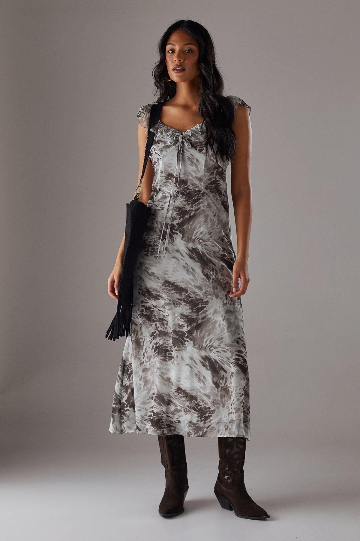 Warehouse Chiffon Ruffle Double layer Midi Dress Multi image 1