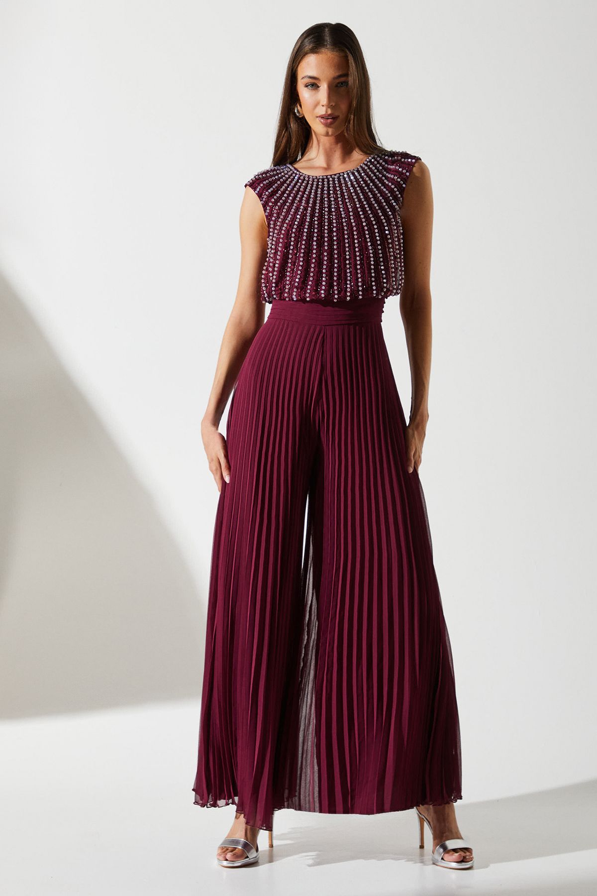 Coast Party Diamante Chiffon Pleated Jumpsuit Wine image 1