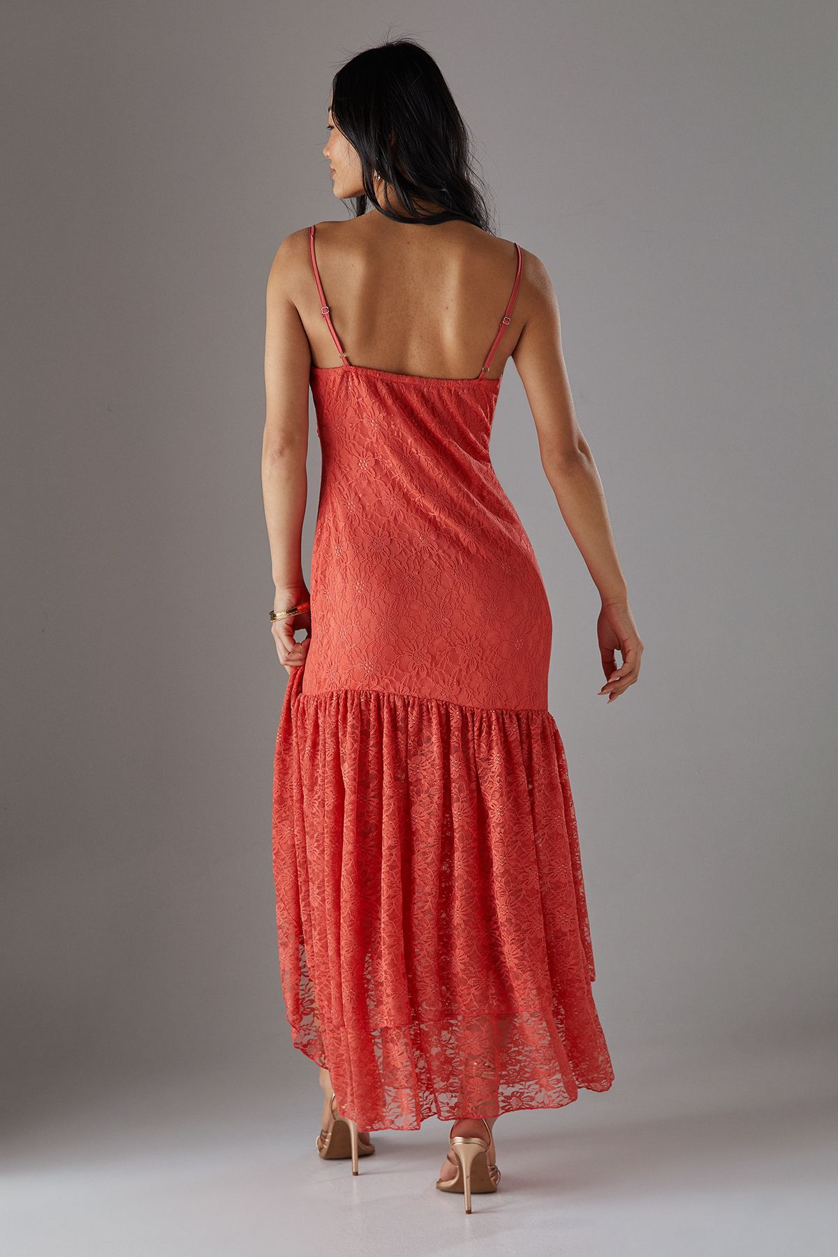 Warehouse Petite Lace Strappy Drop Waist Ruffle Midi Dress Coral image 4