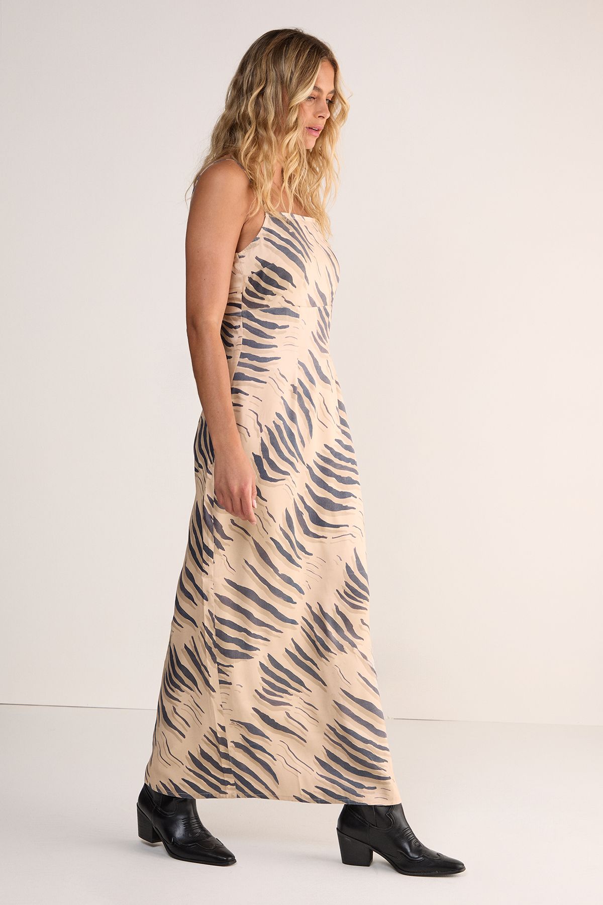 NastyGal Premium Satin Tiger Cowl Back Strappy Maxi Dress Stone image 2