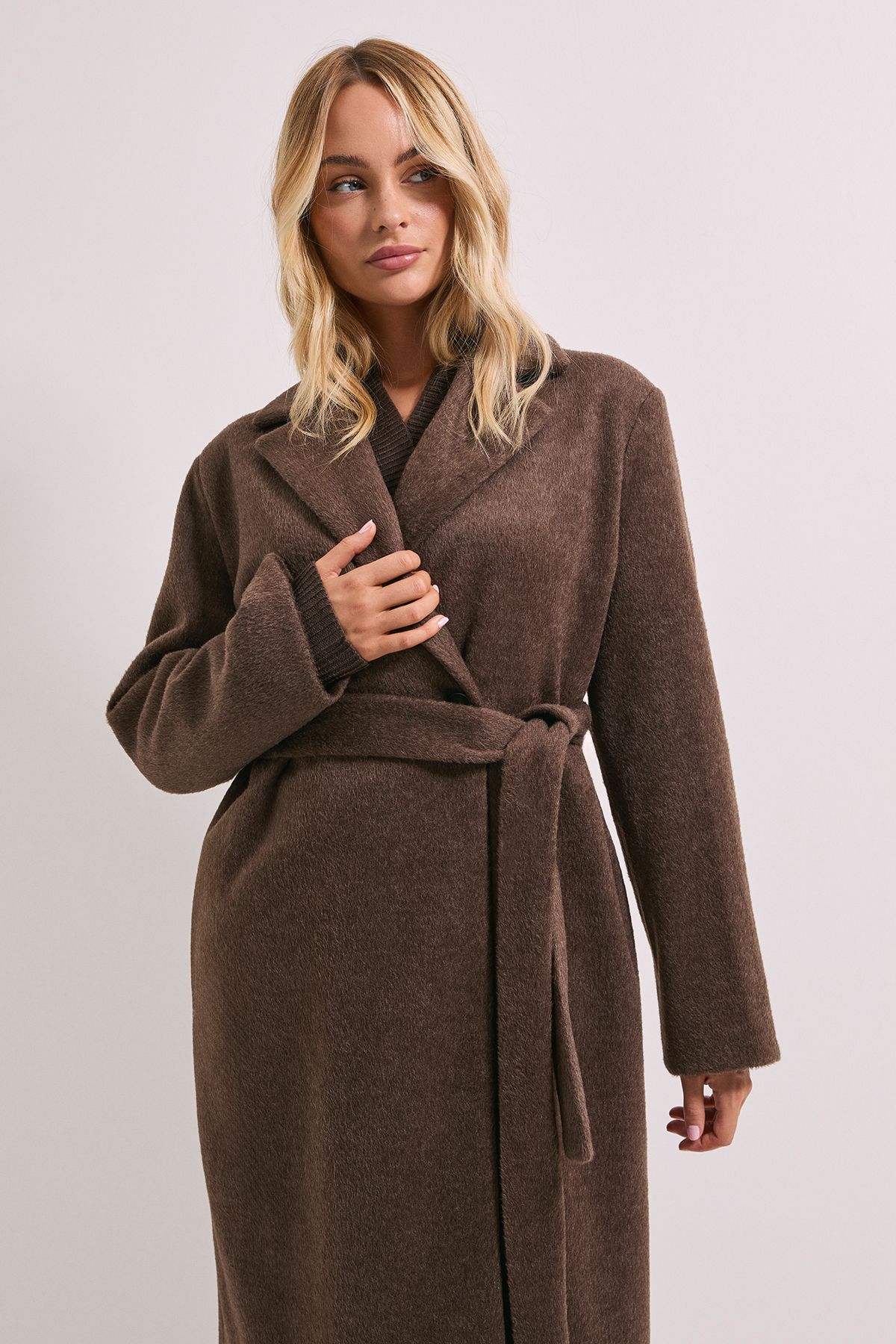Dorothy Perkins Longline Belted Coat Chocolate image 2