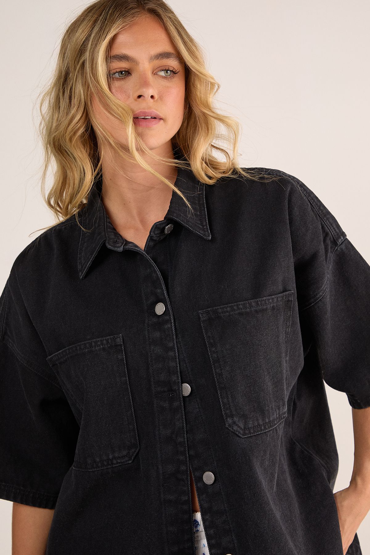 NastyGal Denim Boxy Short Sleeve Shirt Washed Black image 3