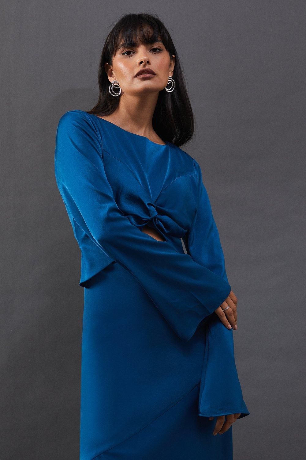 Warehouse Satin Twist Front Bias Midi Dress Blue image 2