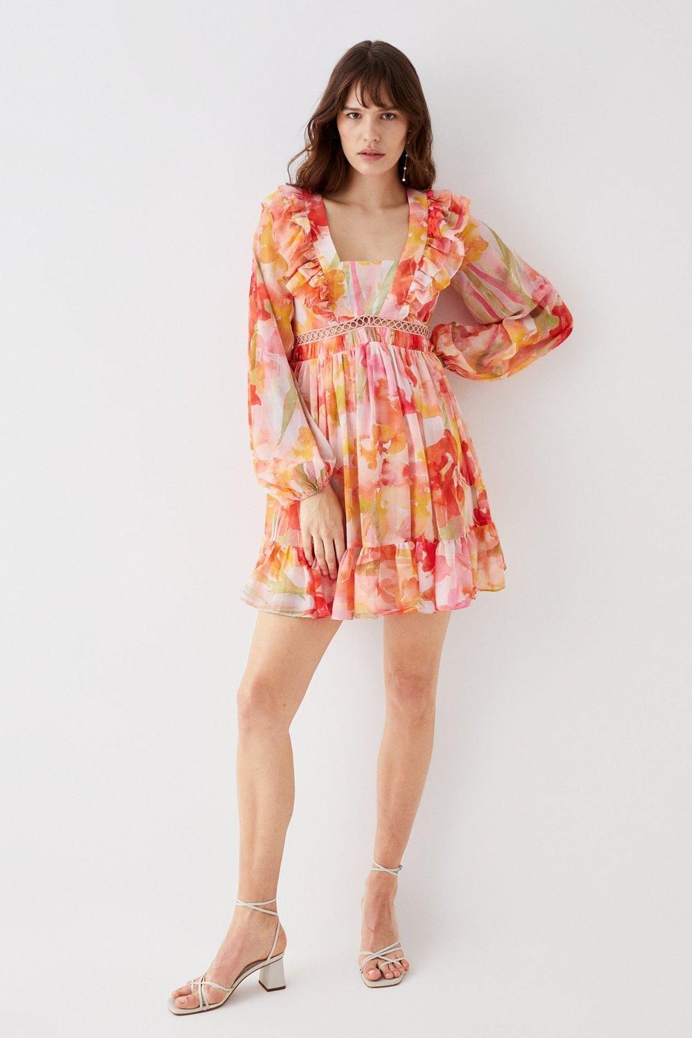 Coast Printed Tie Back Ruffle Detail Mini Dress Peach image 3