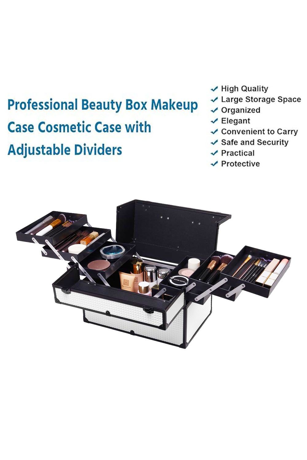 SHEONLY White Makeup Box Professional Cosmetic Organizer Aluminum Storage Box with 6 Trays image 5