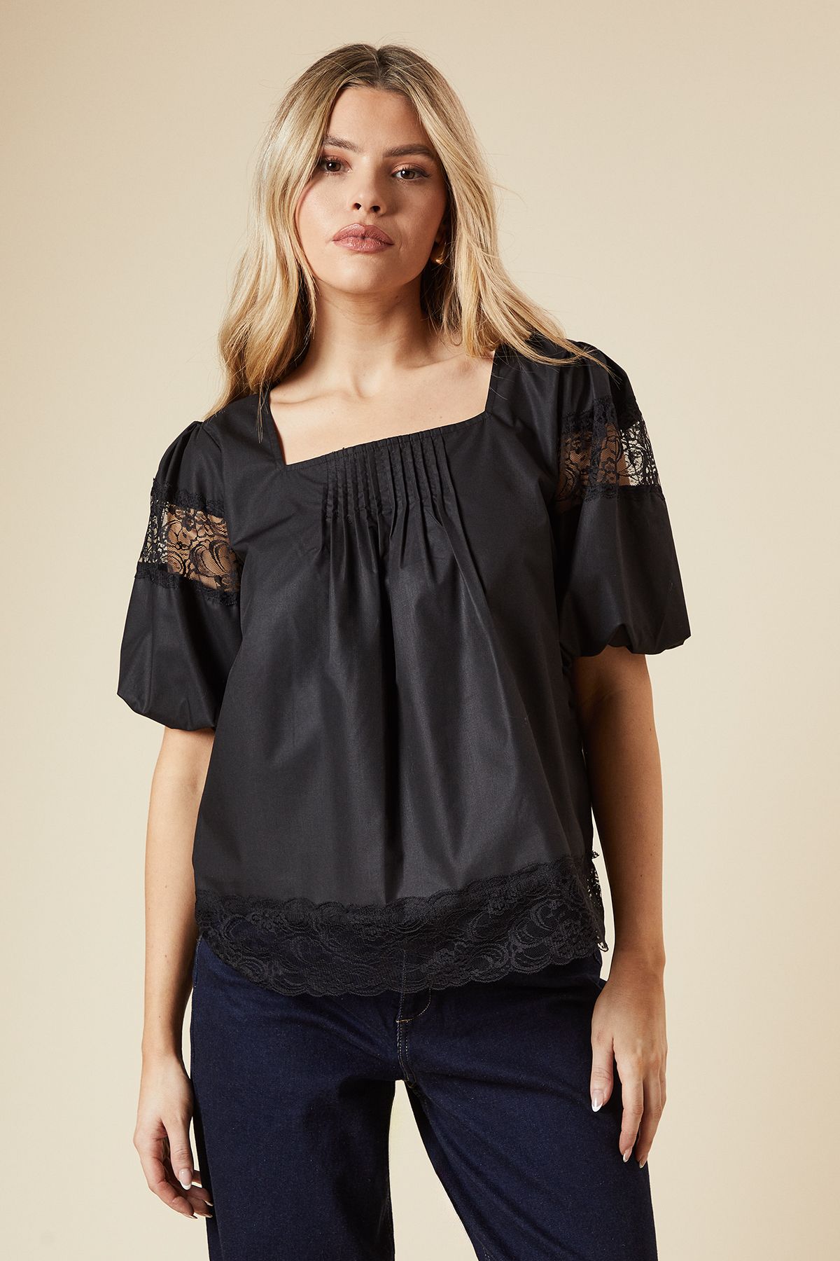 Dorothy Perkins Pleat Front Lace Trim Short Sleeve Blouse Black image 1