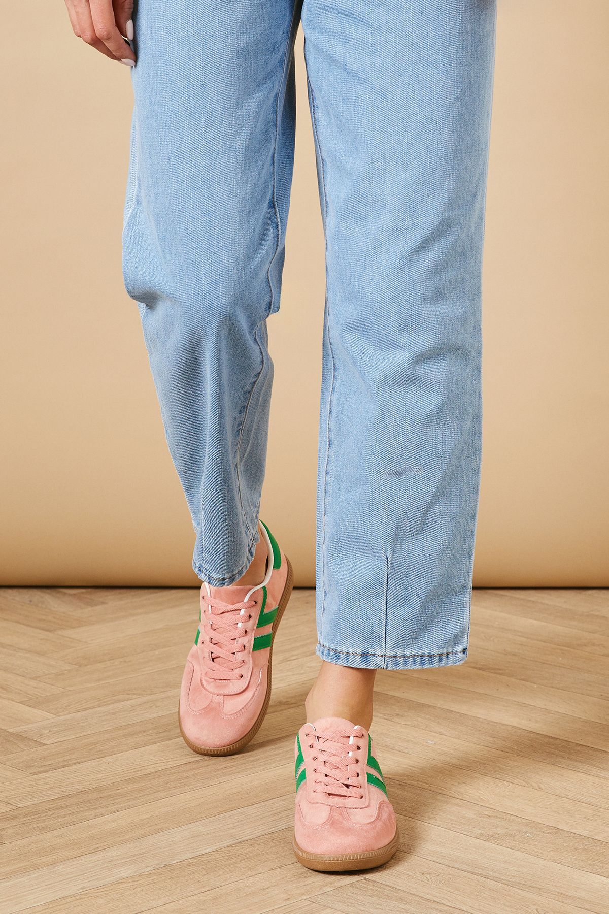 Oasis Anjali Faux Suede Contrast Stripe Lace Up Trainers Pink image 2