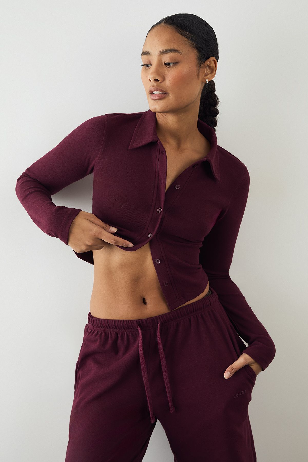 DSGN Studio DSGN Studio Button Through Collared Fitted Top Burgundy image 1