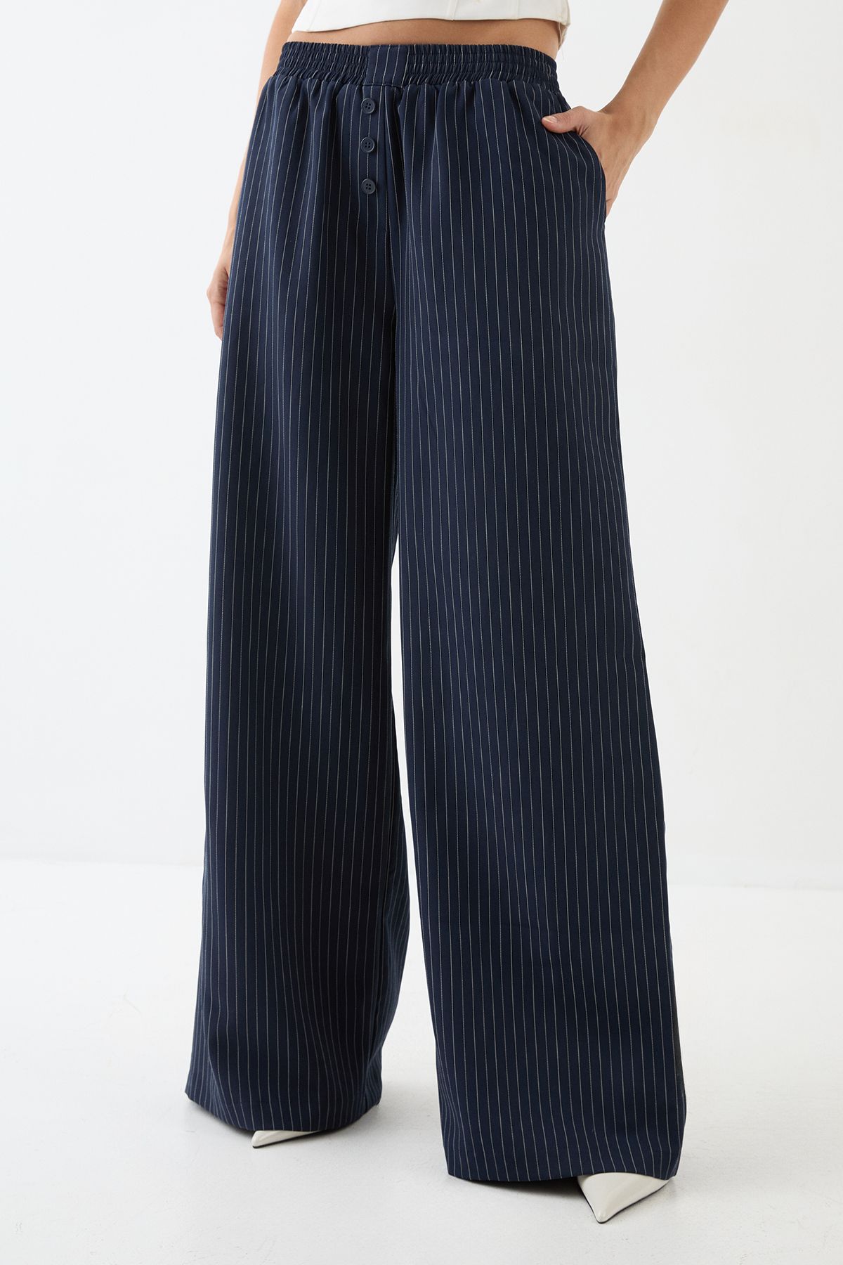 MissPap Premium Pinstripe Button Front Tailored Trouser Navy image 2