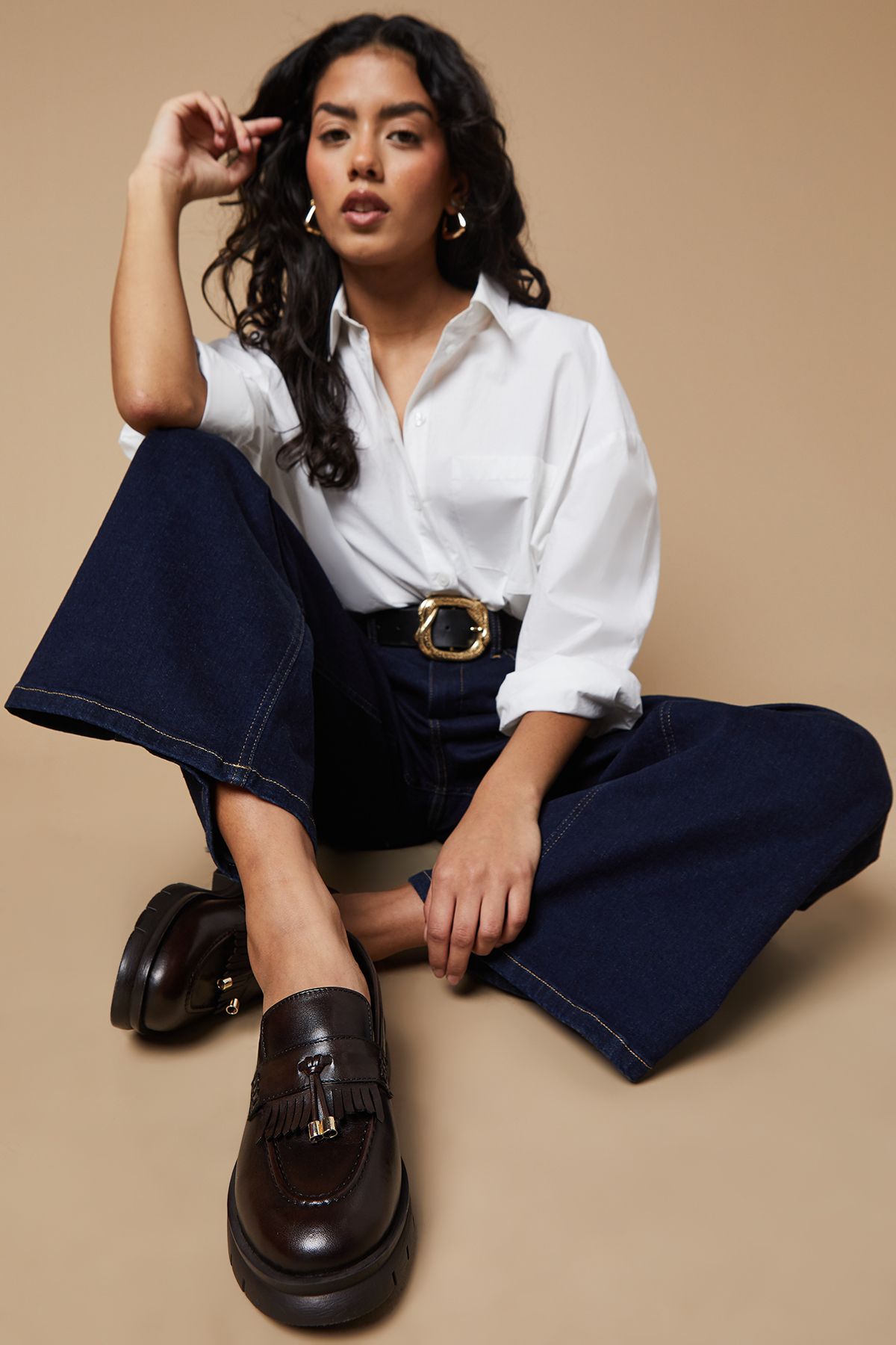 Oasis Brooke Real Leather Tassel Detail Chunky Loafers Chocolate image 1