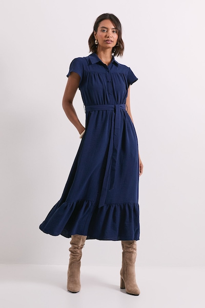 Dorothy Perkins Frill Sleeve Belted Midi Shirt Dress Navy