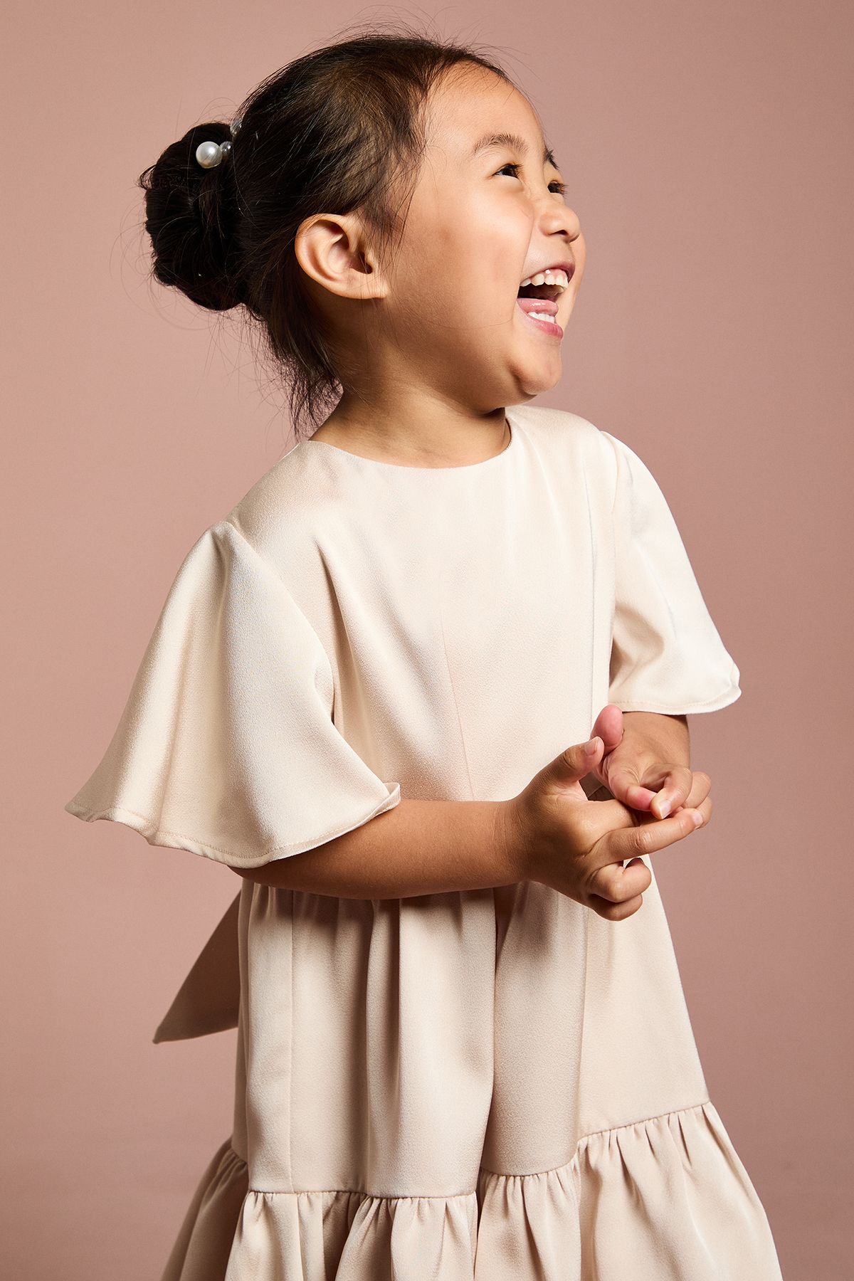 Coast Girls Satin Back Crepe Tiered Angel Sleeve Dress Champagne image 4