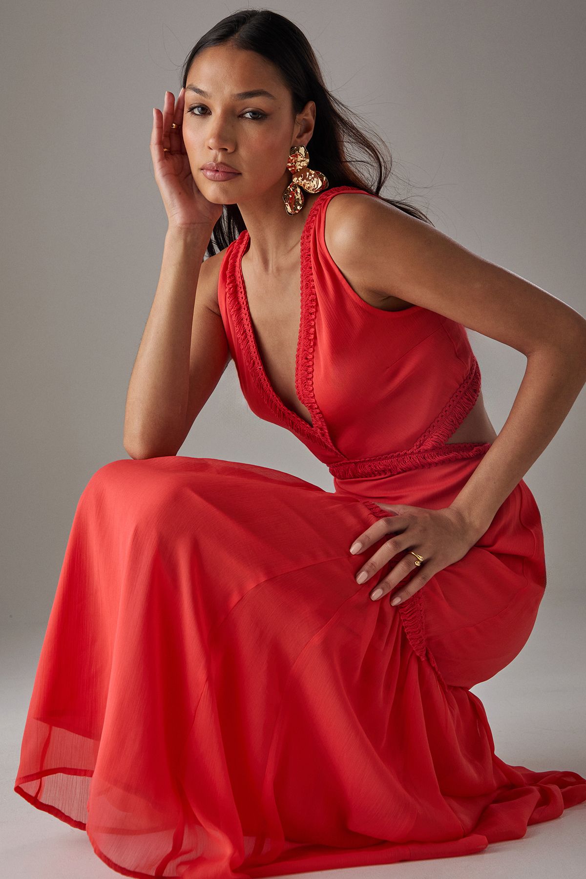 Warehouse HCD Chiffon Fringe Trim Cut Out Maxi Dress Red image 1